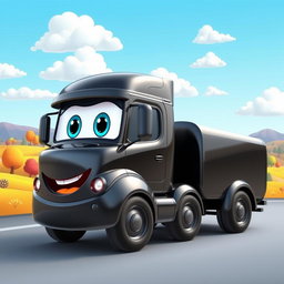 A sleek black cartoon trailer truck with a glossy, shiny finish