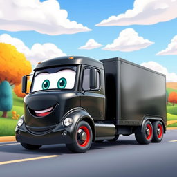 A sleek black cartoon trailer truck with a glossy, shiny finish