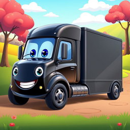 A sleek black cartoon trailer truck with a glossy, shiny finish