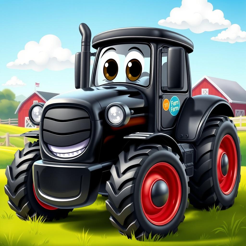 A playful black cartoon tractor with a shiny, glossy finish that reflects light in a fun way