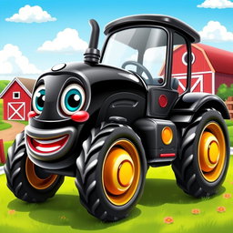 A playful black cartoon tractor with a shiny, glossy finish that reflects light in a fun way