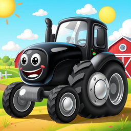 A playful black cartoon tractor with a shiny, glossy finish that reflects light in a fun way