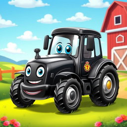 A playful black cartoon tractor with a shiny, glossy finish that reflects light in a fun way