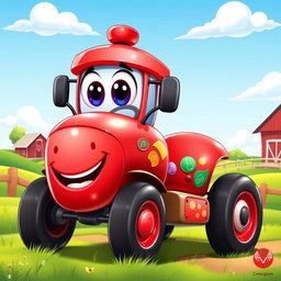 A vibrant red cartoon tractor with a shiny, glossy finish that sparkles in the light