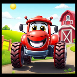 A vibrant red cartoon tractor with a shiny, glossy finish that sparkles in the light