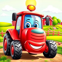 A vibrant red cartoon tractor with a shiny, glossy finish that sparkles in the light