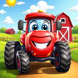 A vibrant red cartoon tractor with a shiny, glossy finish that sparkles in the light