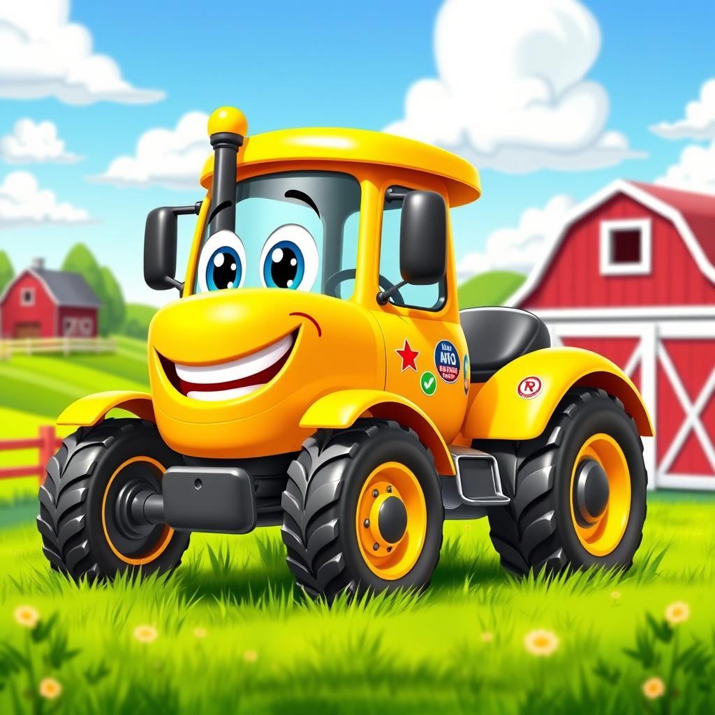 A bright yellow cartoon tractor with a shiny, playful finish that glimmers in the sunlight