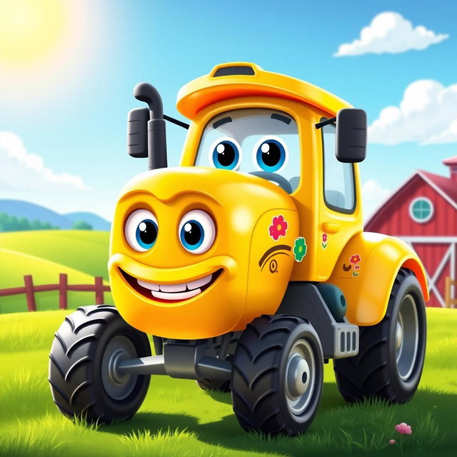 A bright yellow cartoon tractor with a shiny, playful finish that glimmers in the sunlight