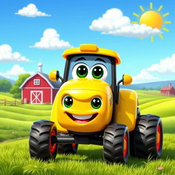 A bright yellow cartoon tractor with a shiny, playful finish that glimmers in the sunlight