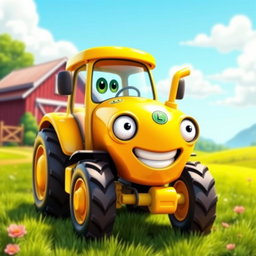 A bright yellow cartoon tractor with a shiny, playful finish that glimmers in the sunlight