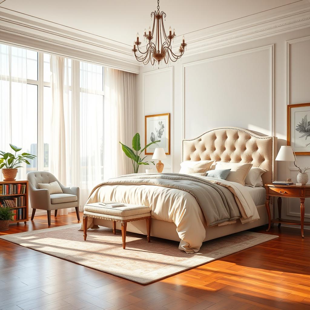 A beautifully decorated bedroom featuring a large queen-sized bed with a plush, tufted headboard and luxurious bedding in soft pastel colors