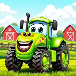 A cheerful green cartoon tractor with a glossy, bright finish that shines under the sunlight