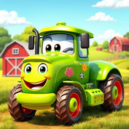 A cheerful green cartoon tractor with a glossy, bright finish that shines under the sunlight