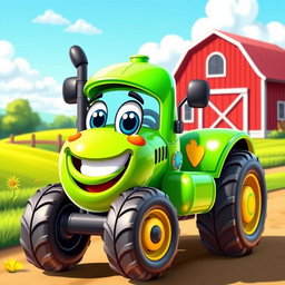 A cheerful green cartoon tractor with a glossy, bright finish that shines under the sunlight