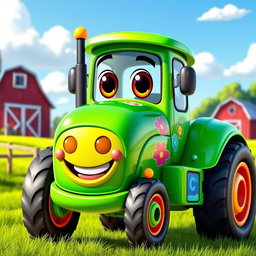 A cheerful green cartoon tractor with a glossy, bright finish that shines under the sunlight