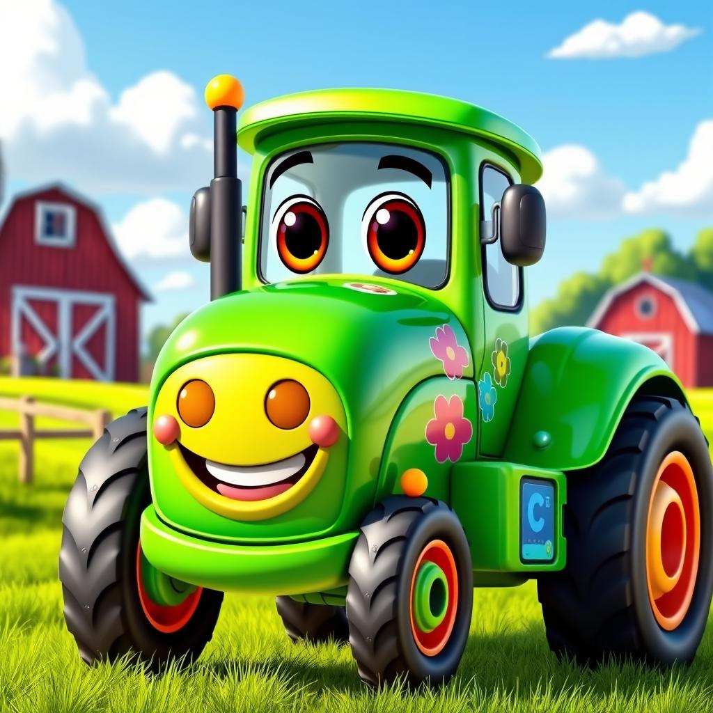 A cheerful green cartoon tractor with a glossy, bright finish that shines under the sunlight
