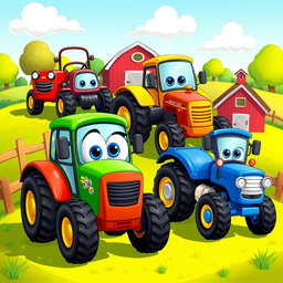 A lively scene featuring a group of different cartoon tractors, each with its unique color and personality
