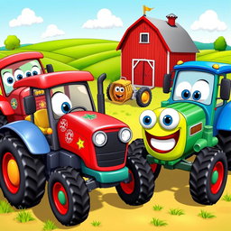 A lively scene featuring a group of different cartoon tractors, each with its unique color and personality