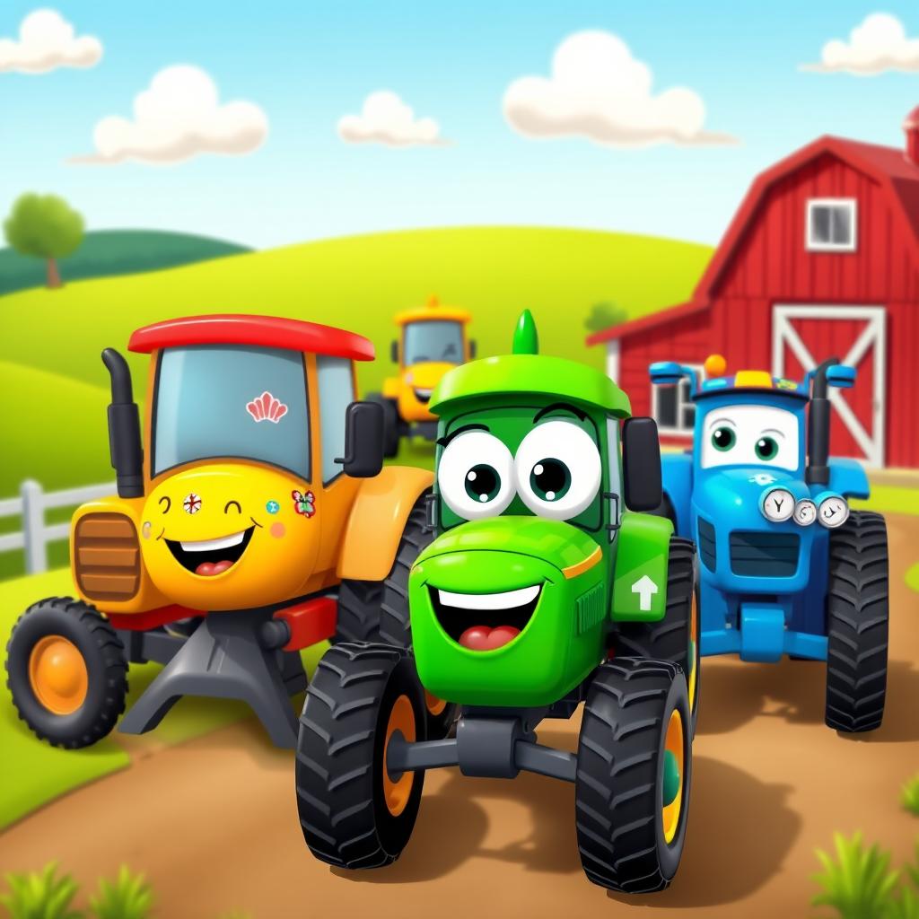 A lively scene featuring a group of different cartoon tractors, each with its unique color and personality