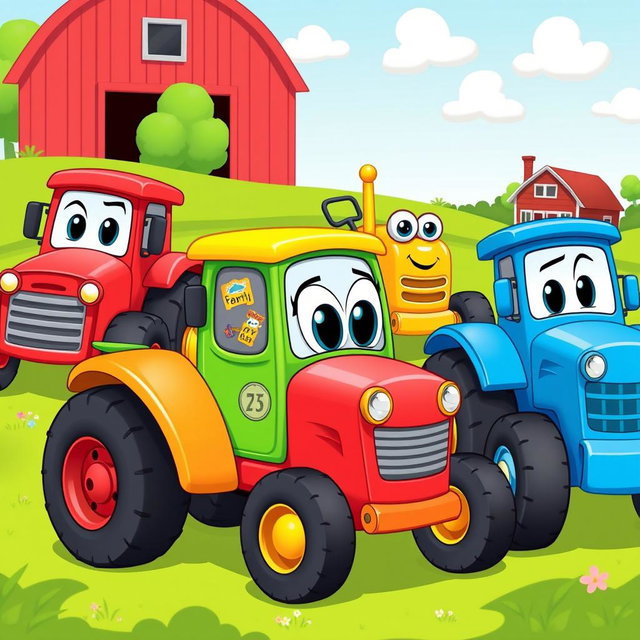 A lively scene featuring a group of different cartoon tractors, each with its unique color and personality