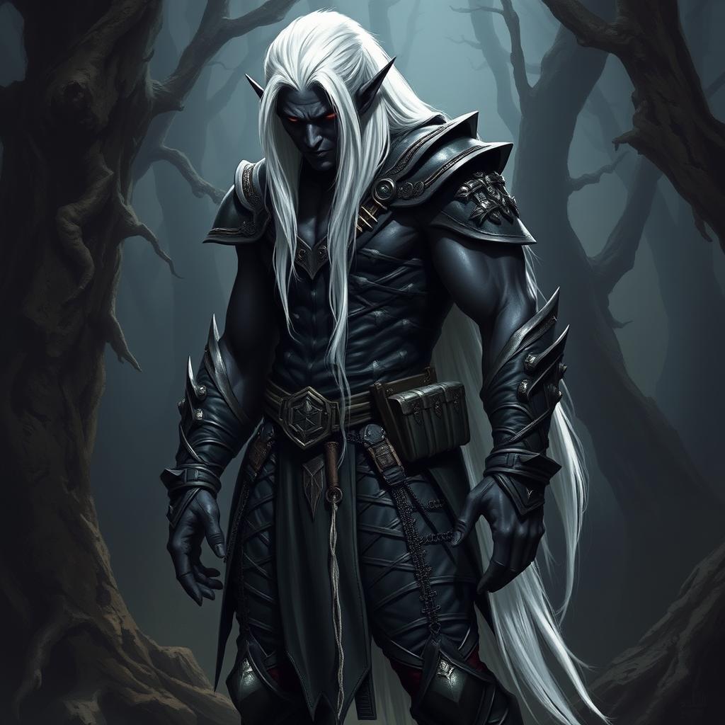A tall, rough-looking dark elf with striking long white hair cascading down his back