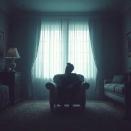 An evocative scene depicting an actor seated in an armchair in a living room, enveloped in a profound sense of emptiness