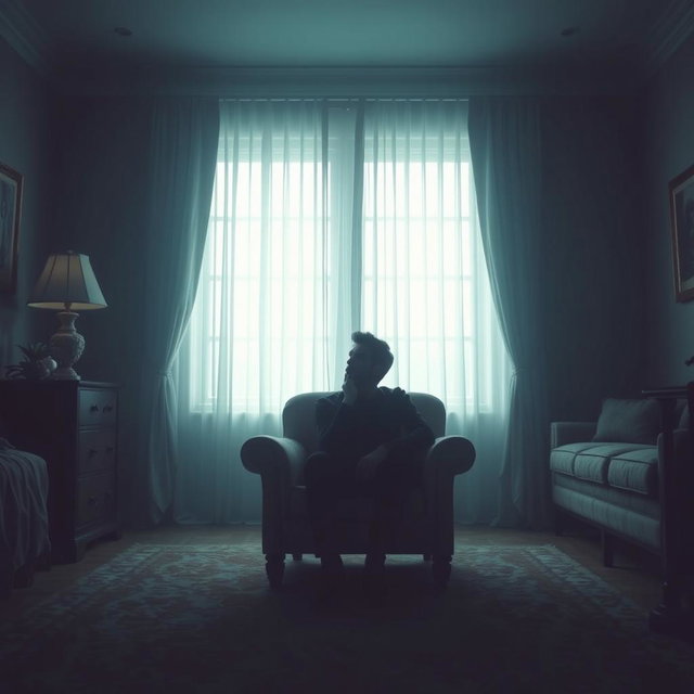 An evocative scene depicting an actor seated in an armchair in a living room, enveloped in a profound sense of emptiness