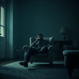 An evocative scene depicting an actor seated in an armchair in a living room, enveloped in a profound sense of emptiness