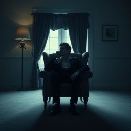 An evocative scene depicting an actor seated in an armchair in a living room, enveloped in a profound sense of emptiness