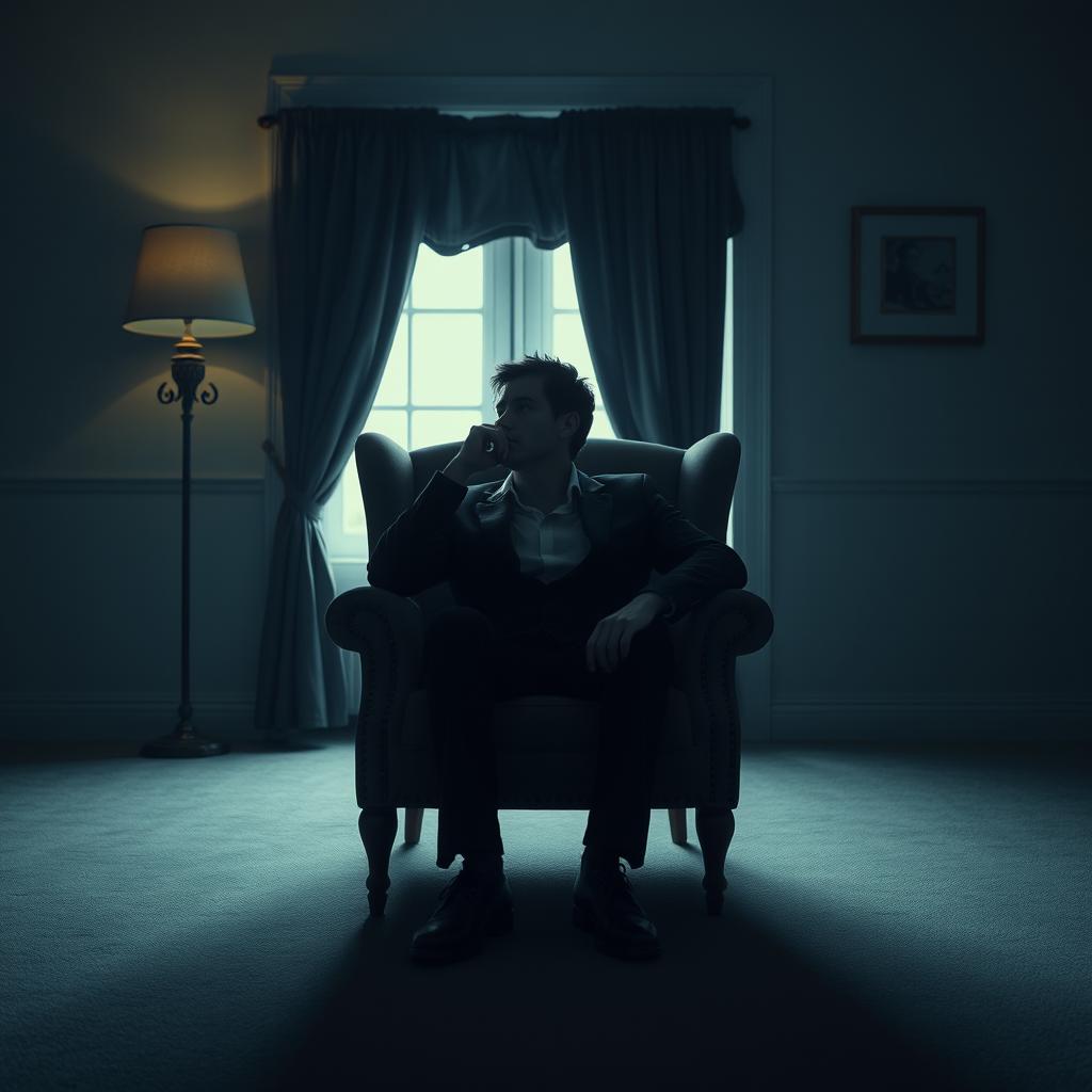 An evocative scene depicting an actor seated in an armchair in a living room, enveloped in a profound sense of emptiness