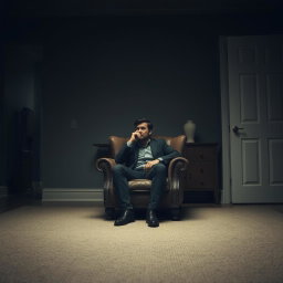 An evocative scene depicting an actor seated in an armchair in a living room, enveloped in a profound sense of emptiness