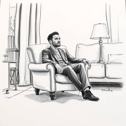 A poignant drawing of an actor seated in an armchair within a living room, embodying a profound sense of emptiness