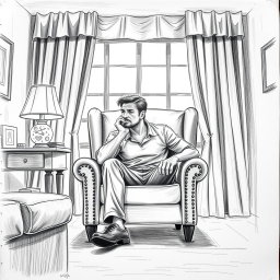 A poignant drawing of an actor seated in an armchair within a living room, embodying a profound sense of emptiness