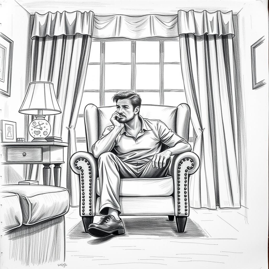 A poignant drawing of an actor seated in an armchair within a living room, embodying a profound sense of emptiness