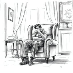 A poignant drawing of an actor seated in an armchair within a living room, embodying a profound sense of emptiness