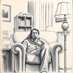 A poignant drawing of an actor seated in an armchair within a living room, embodying a profound sense of emptiness
