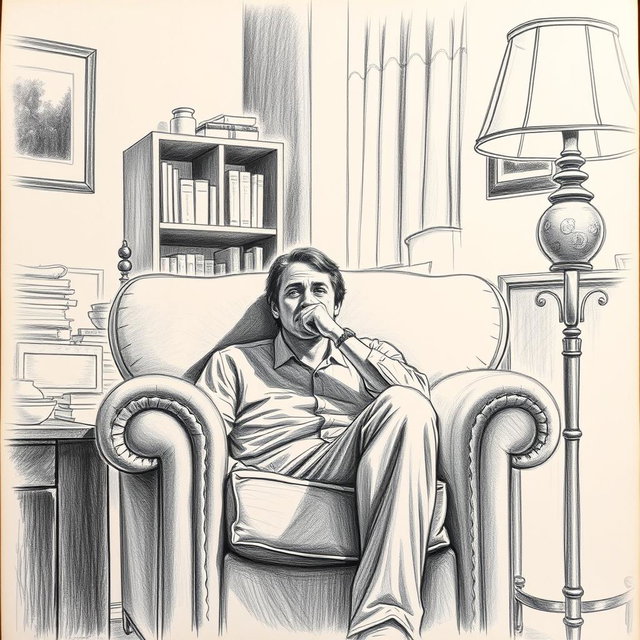 A poignant drawing of an actor seated in an armchair within a living room, embodying a profound sense of emptiness