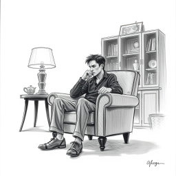 A poignant drawing of an actor seated in an armchair within a living room, immersed in a profound sense of emptiness