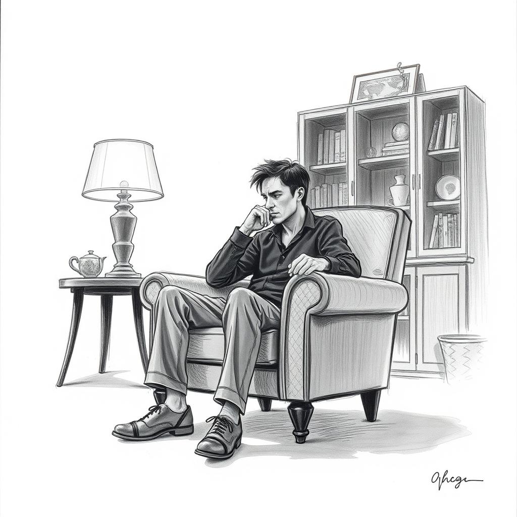 A poignant drawing of an actor seated in an armchair within a living room, immersed in a profound sense of emptiness