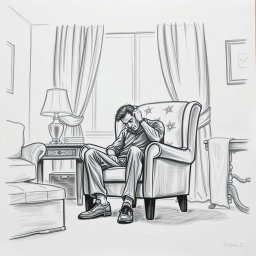 A poignant drawing of an actor seated in an armchair within a living room, immersed in a profound sense of emptiness