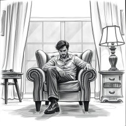A poignant drawing of an actor seated in an armchair within a living room, immersed in a profound sense of emptiness