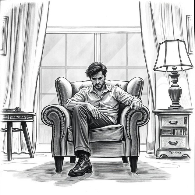 A poignant drawing of an actor seated in an armchair within a living room, immersed in a profound sense of emptiness