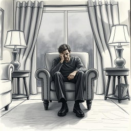 A poignant drawing of an actor seated in an armchair within a living room, immersed in a profound sense of emptiness