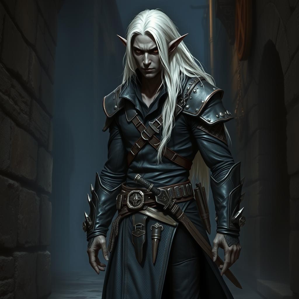 A tall male dark elf rogue, characterized by his sneaky demeanor and long, flowing white hair that contrasts with his dark, viscid skin