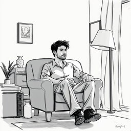 A heartfelt drawing of an actor sitting in an armchair within a cozy living room, conveying a deep sense of emptiness