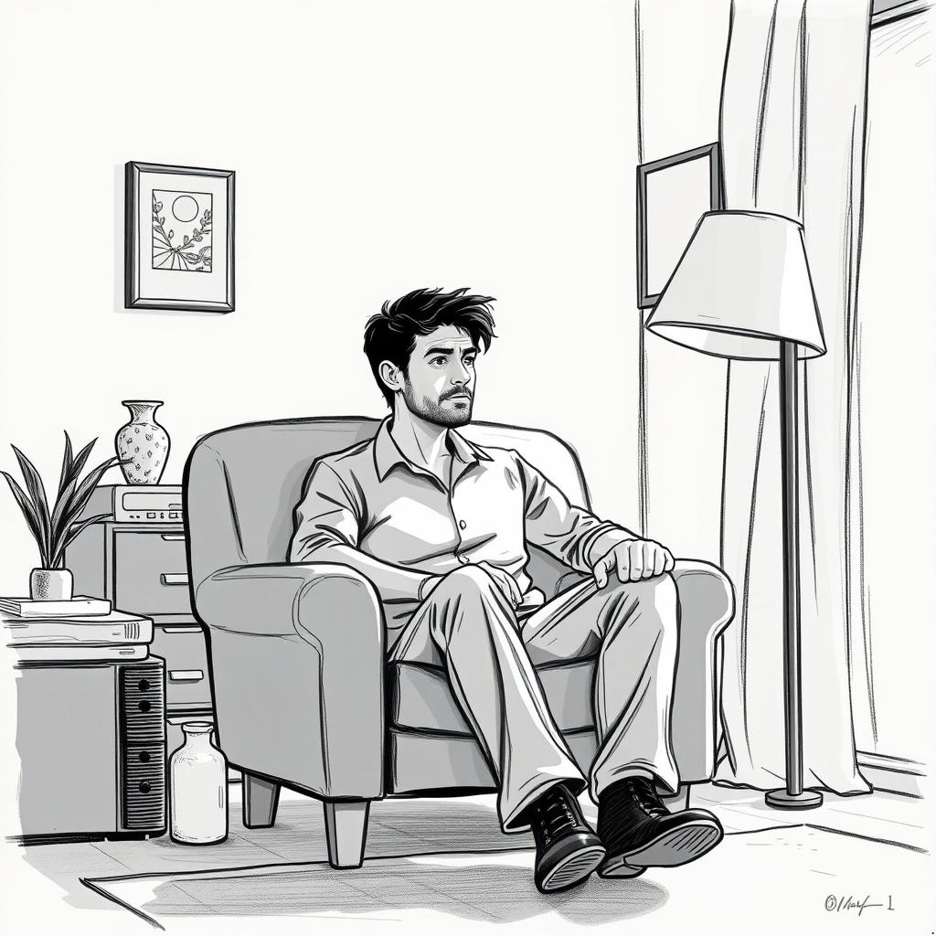 A heartfelt drawing of an actor sitting in an armchair within a cozy living room, conveying a deep sense of emptiness