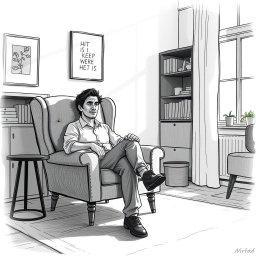 A heartfelt drawing of an actor sitting in an armchair within a cozy living room, conveying a deep sense of emptiness