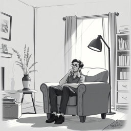 A heartfelt drawing of an actor sitting in an armchair within a cozy living room, conveying a deep sense of emptiness