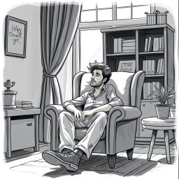 A heartfelt drawing of an actor sitting in an armchair within a cozy living room, conveying a deep sense of emptiness